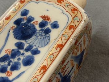 A square Chinese verte-Imari flask with floral and landscape panels, Kangxi